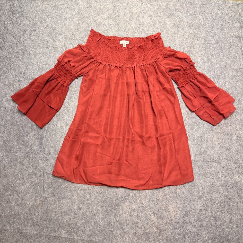 Max Studio Womens S Rust Off Shoulder Top Smocked Bell Sleeve Boho Peasant Blous